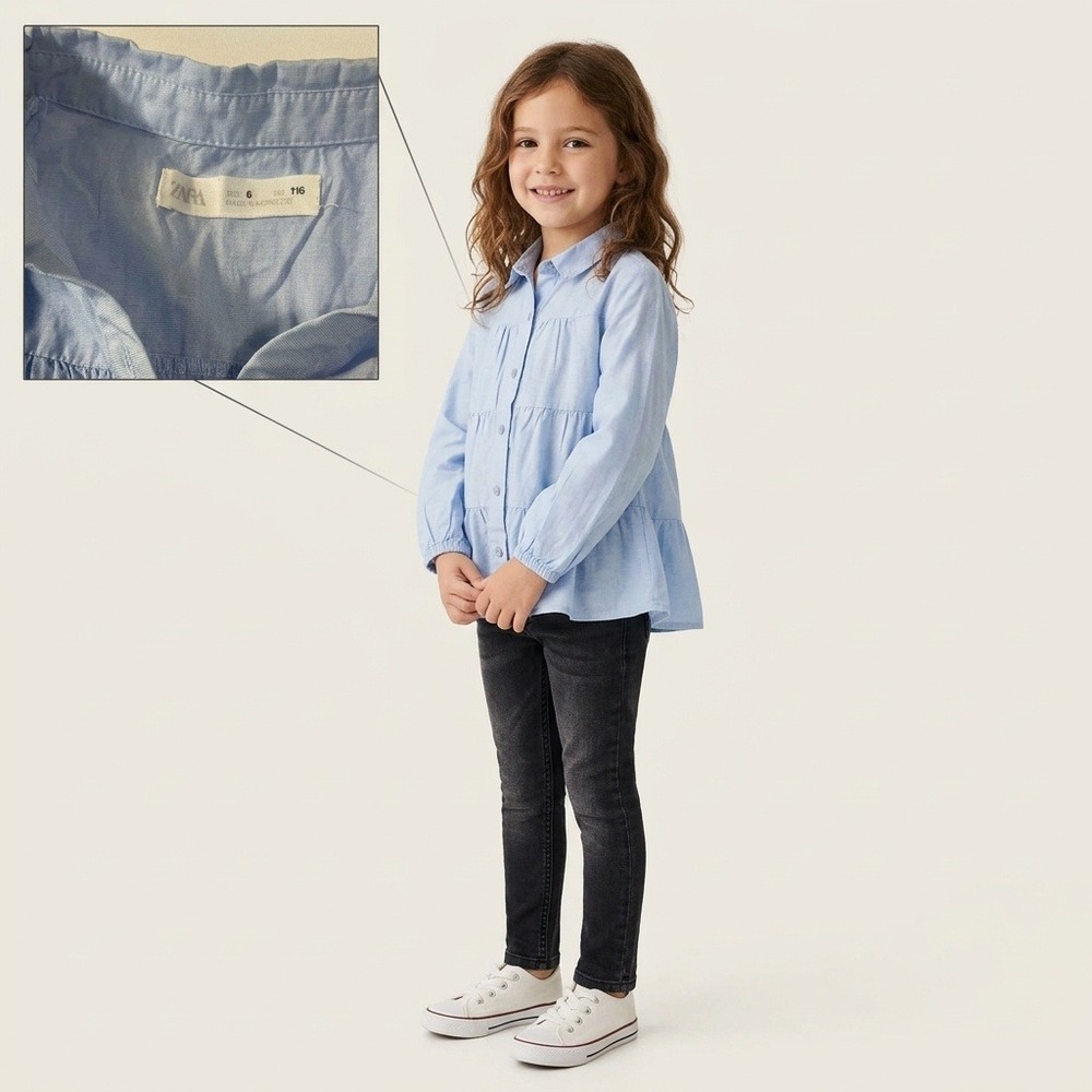 Zara Tiered Blouse Girls Size 6 Light Blue Excellent Ruffle Button Down Shirt